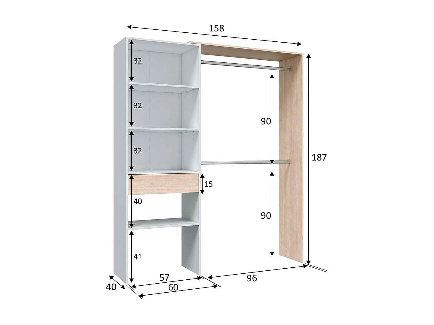 Armoire dressing décor blanc et chêne - H187 cm