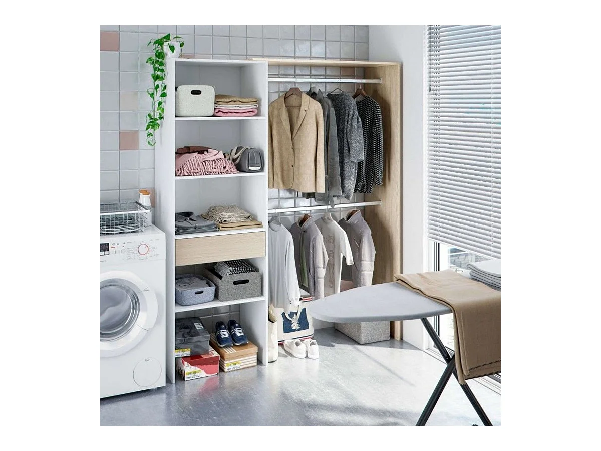 Kleiderschrank mit weißem Dekor und Eiche - H187 cm