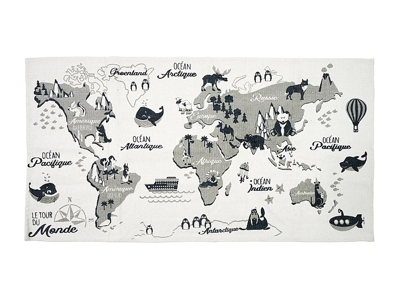 Tapis Mappemonde 140x70cm Blanc, Gris, Noir