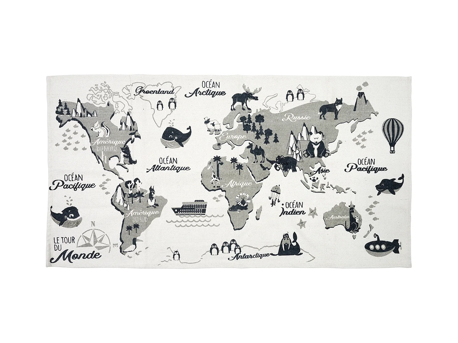 Tapis Mappemonde 140x70cm Blanc, Gris, Noir