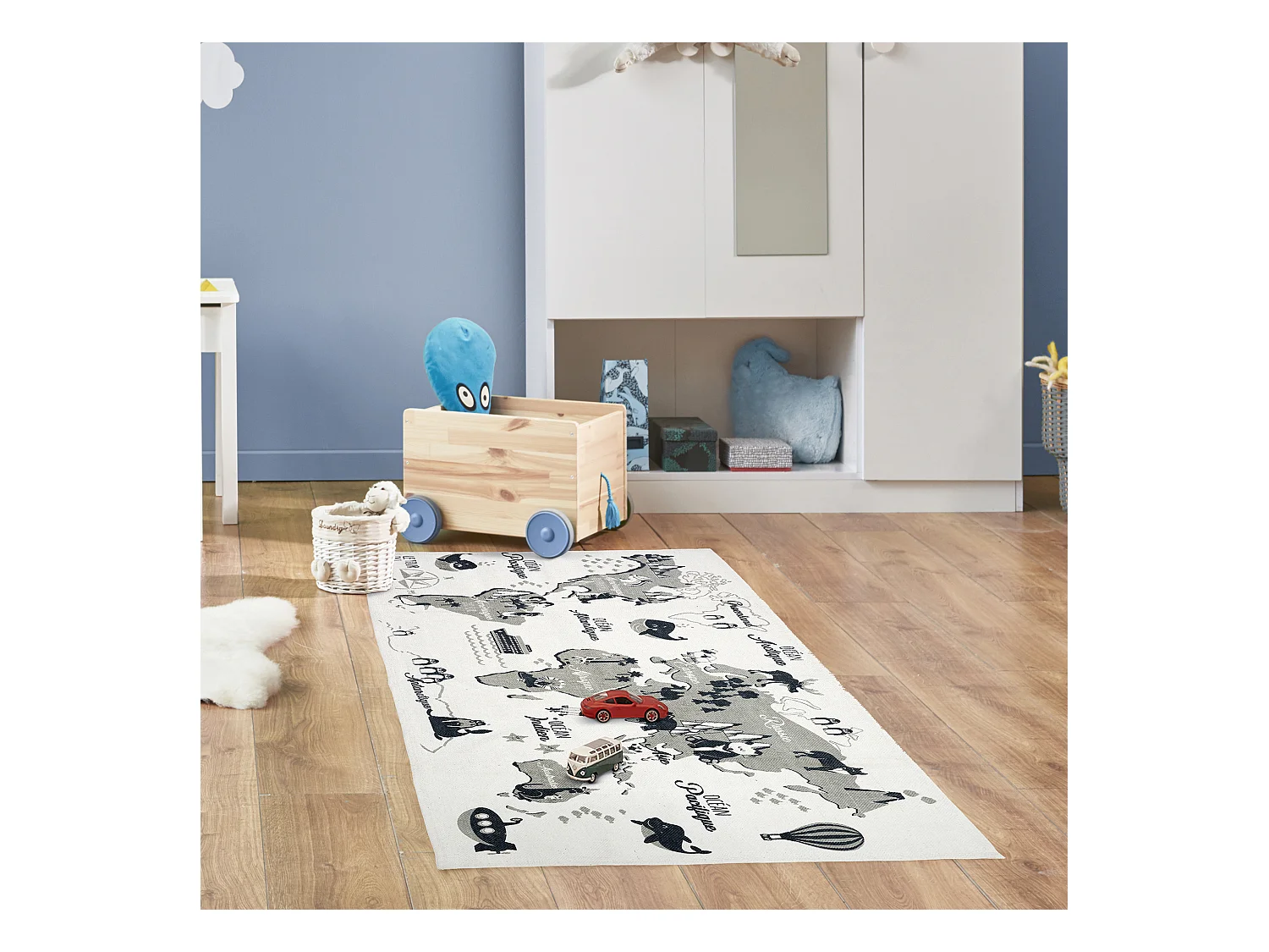 Tapis Mappemonde 140x70cm Blanc, Gris, Noir