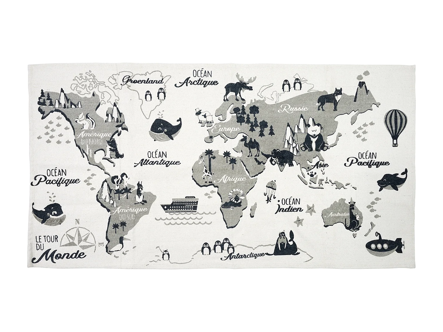 Tapis Mappemonde 140x70cm Blanc, Gris, Noir