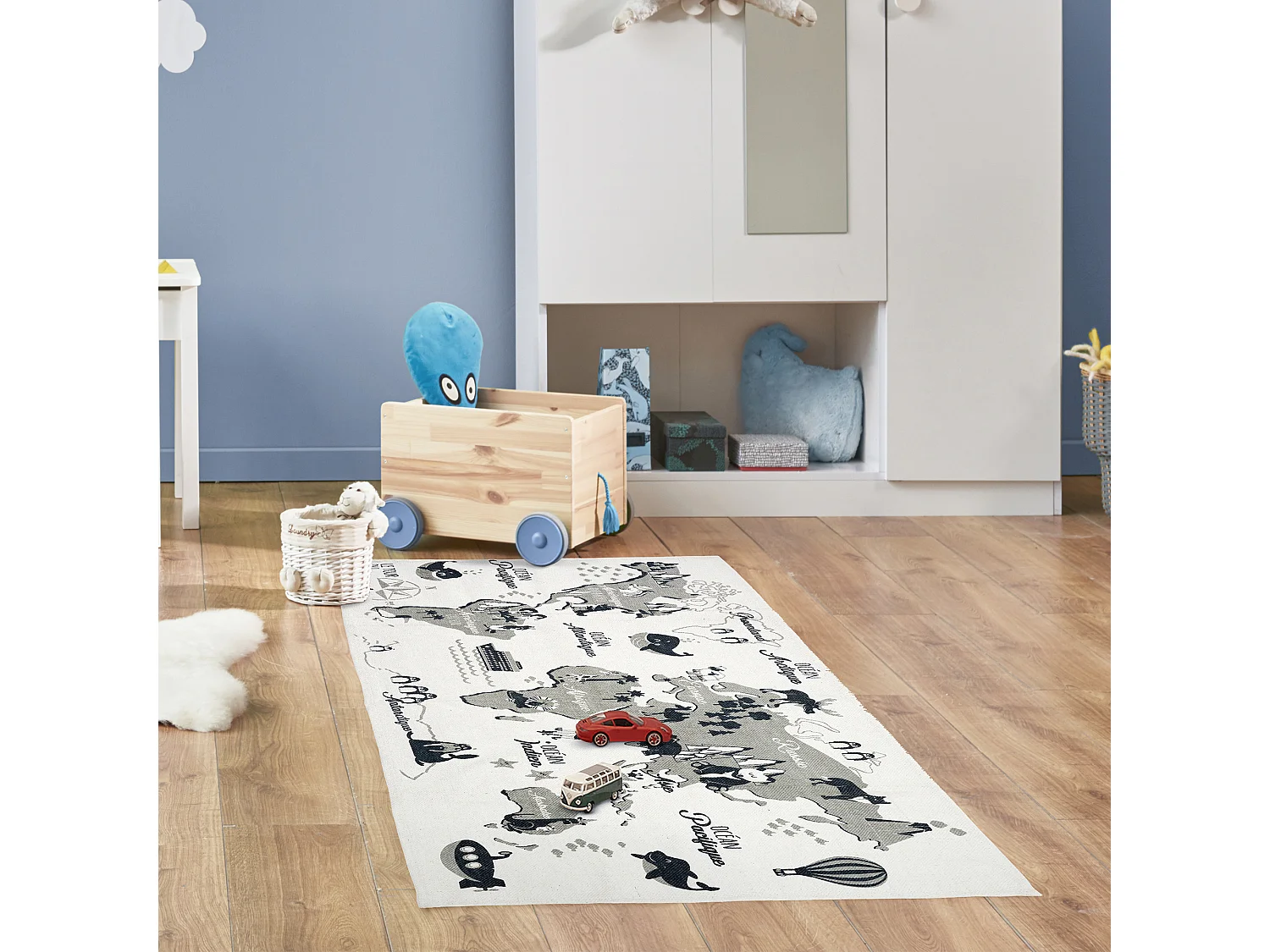 Tapis Mappemonde 140x70cm Blanc, Gris, Noir