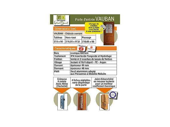 Porte d'entree Bois vitree, Vauban, H,200xl,80  p, droit Cotes Tableau