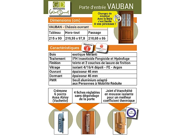 Porte d'entree Bois vitree, Vauban, H,200xl,80 p, droit Cotes Tableau