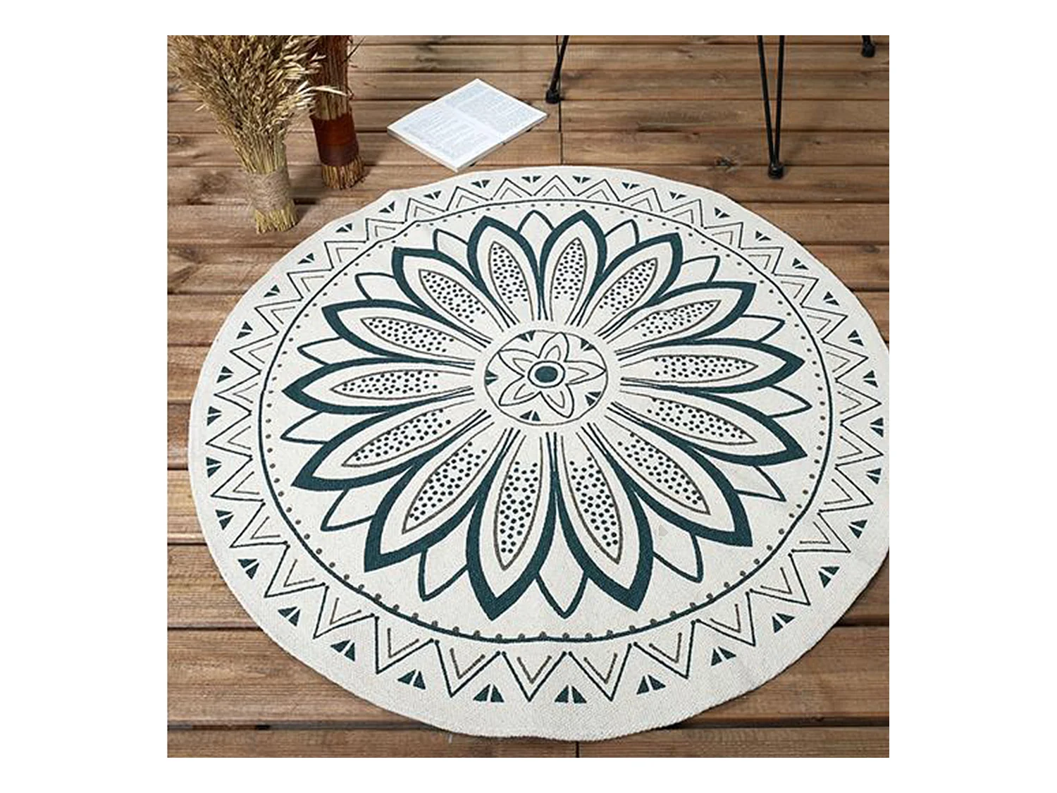 Tapis de salon rond 90 cm PATIO blanc motif géométrique mandala vert