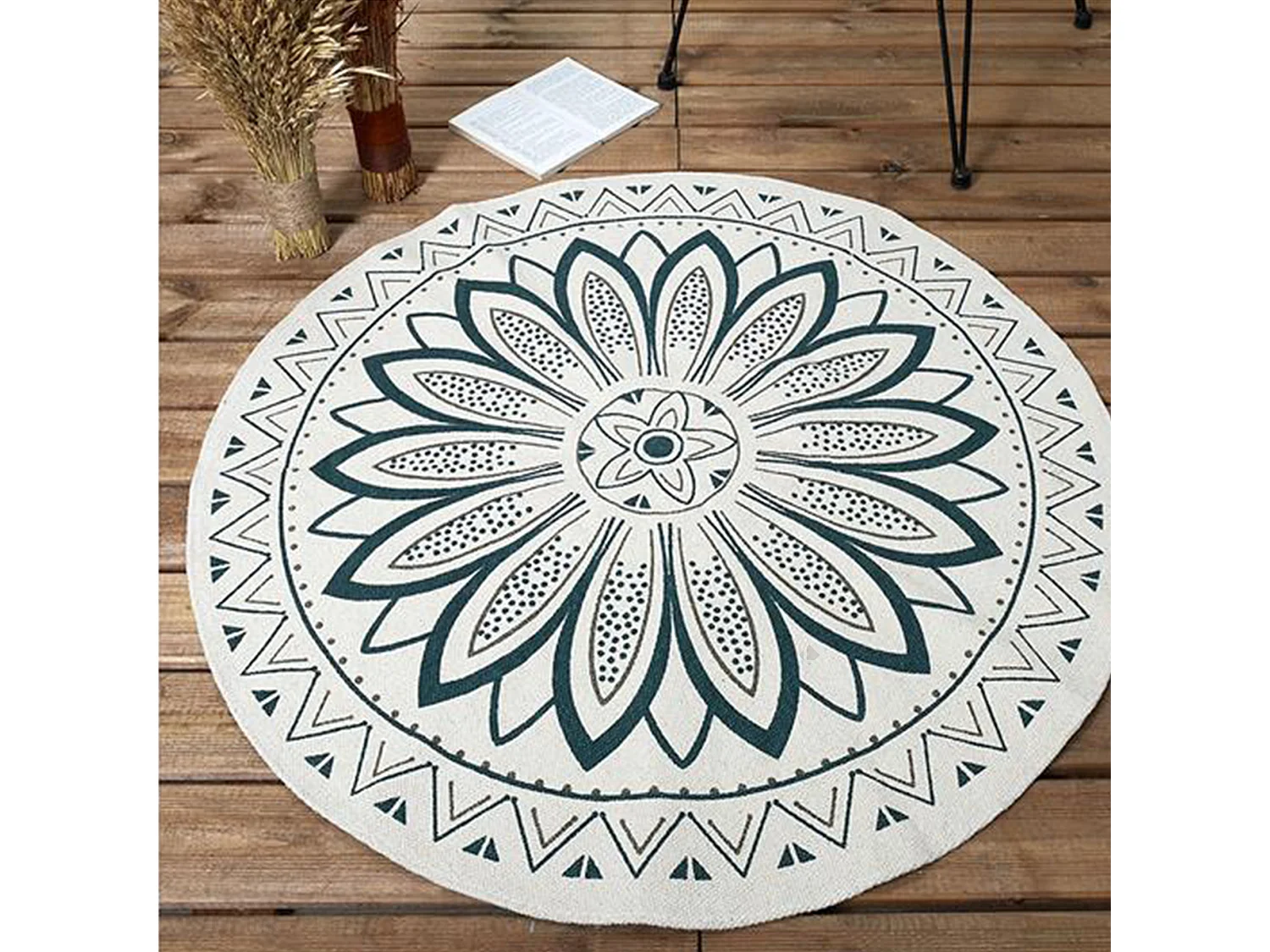 Tapis de salon rond 90 cm PATIO blanc motif géométrique mandala vert