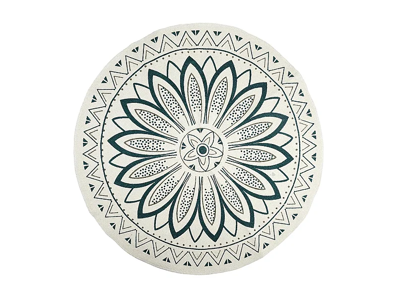 Tapis de salon rond 90 cm PATIO blanc motif géométrique mandala vert