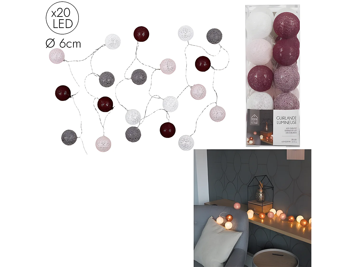 Guirlande Lumineuse à Led "20 Boules" 372cm Bordeaux