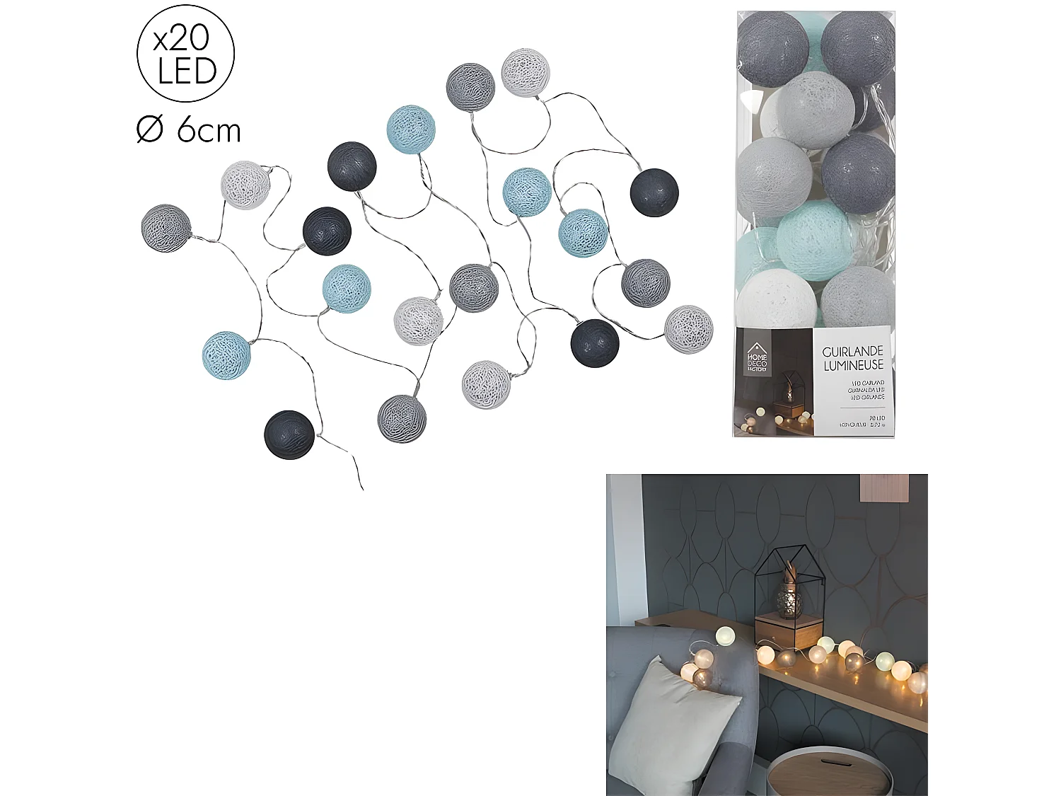 Guirlande Lumineuse à Led "20 Boules" 345cm Bleu & Gris
