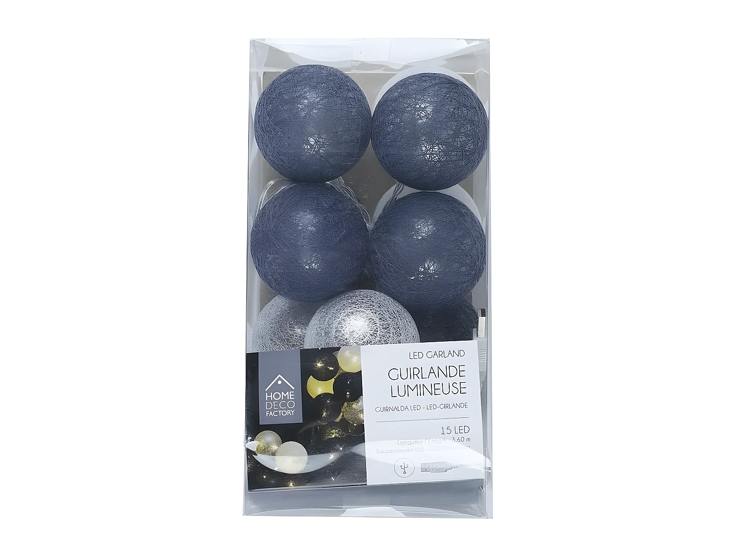 Guirlande Boule Usb 15 Led Gris Blanc Bleu