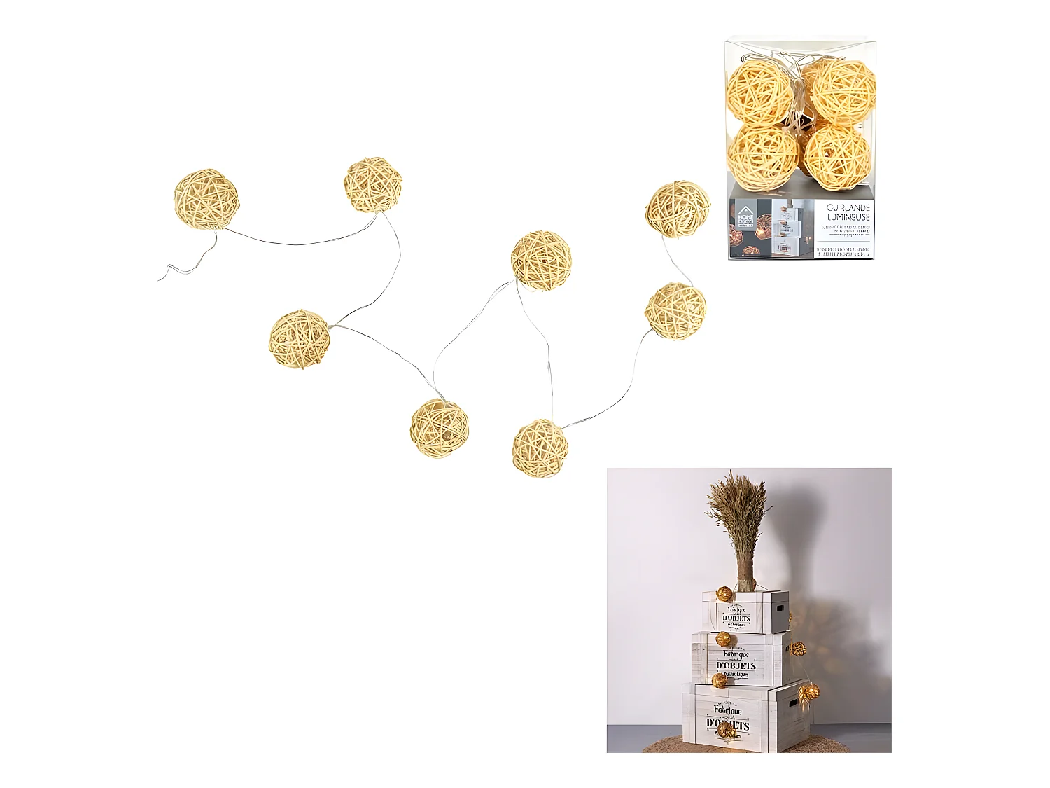 Guirlande Lumineuse 8 LED "Boule Rotin" 156cm Naturel