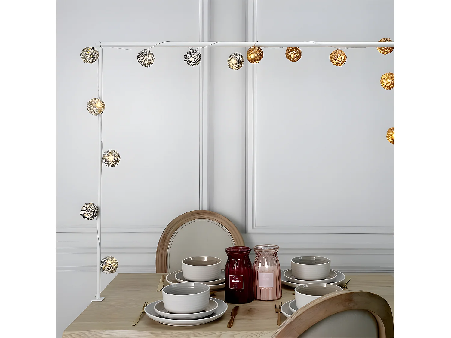 Guirlande Lumineuse 8 LED "Boule Rotin" 156cm Naturel