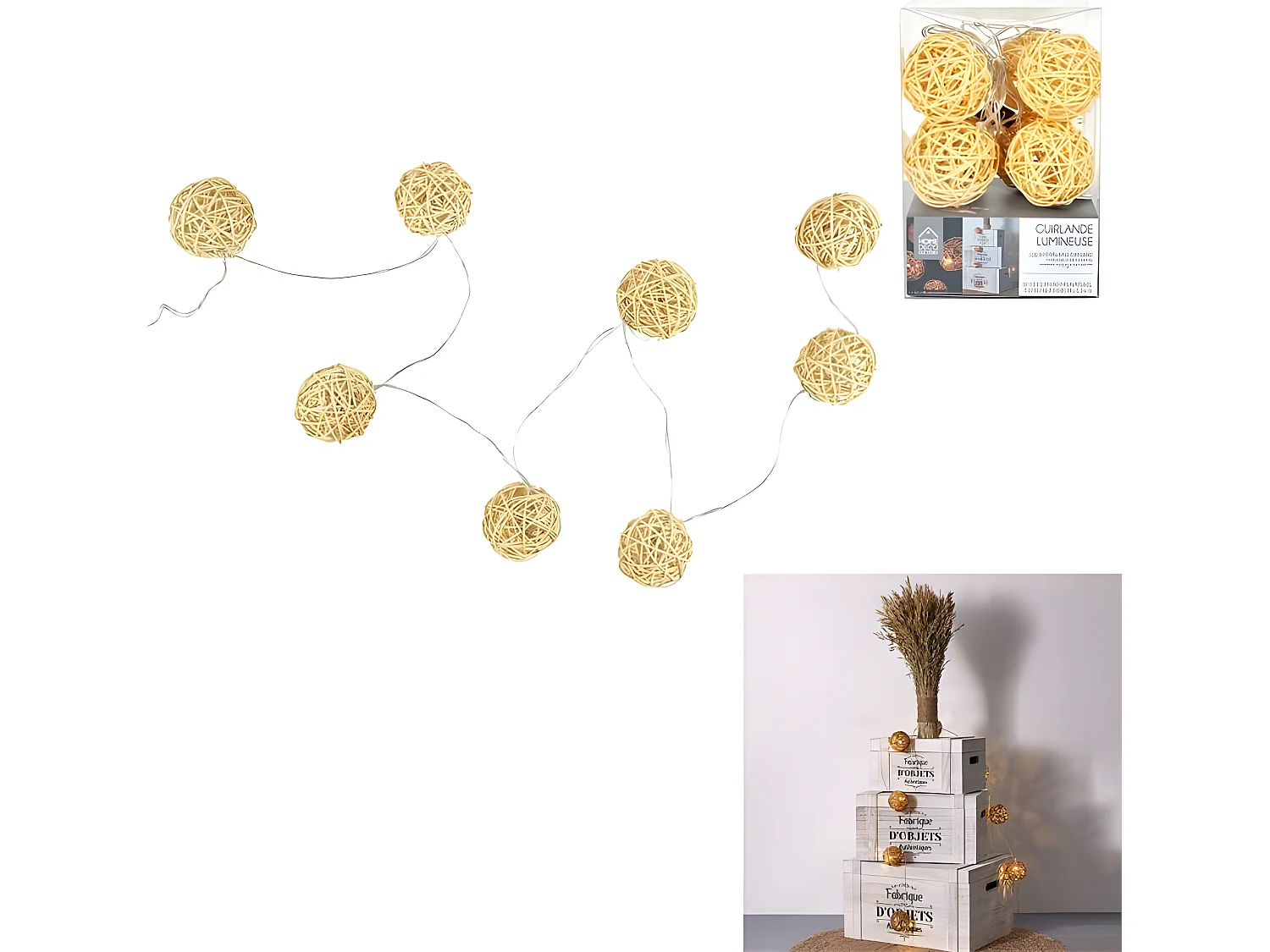 Guirlande Lumineuse 8 LED "Boule Rotin" 156cm Naturel