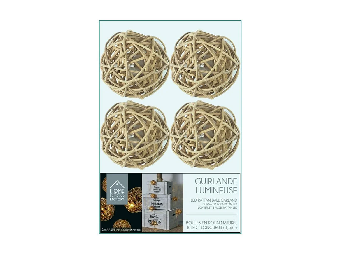 Guirlande Lumineuse 8 LED "Boule Rotin" 156cm Naturel