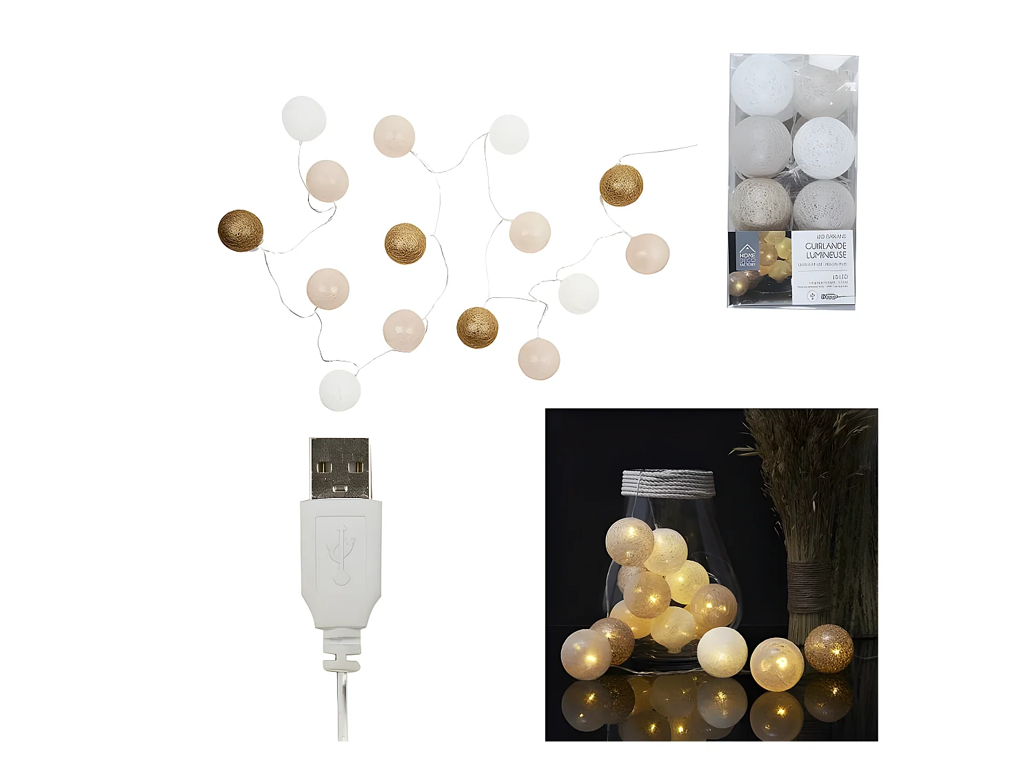 Guirlande Lumineuse Led "Boule" 360cm Blanc & Nude