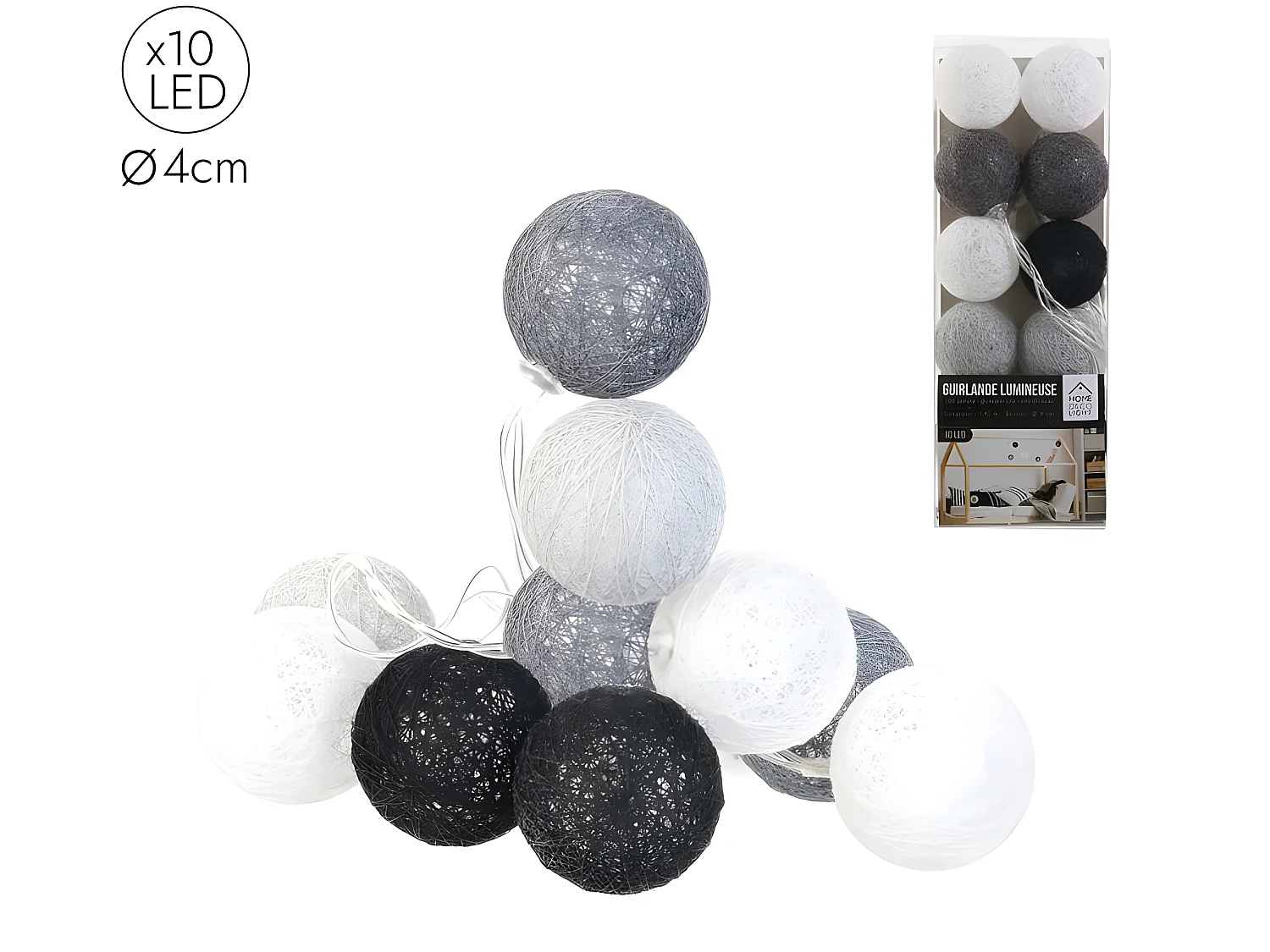 Guirlande Lumineuse à Led "10 Boules" 192cm Gris