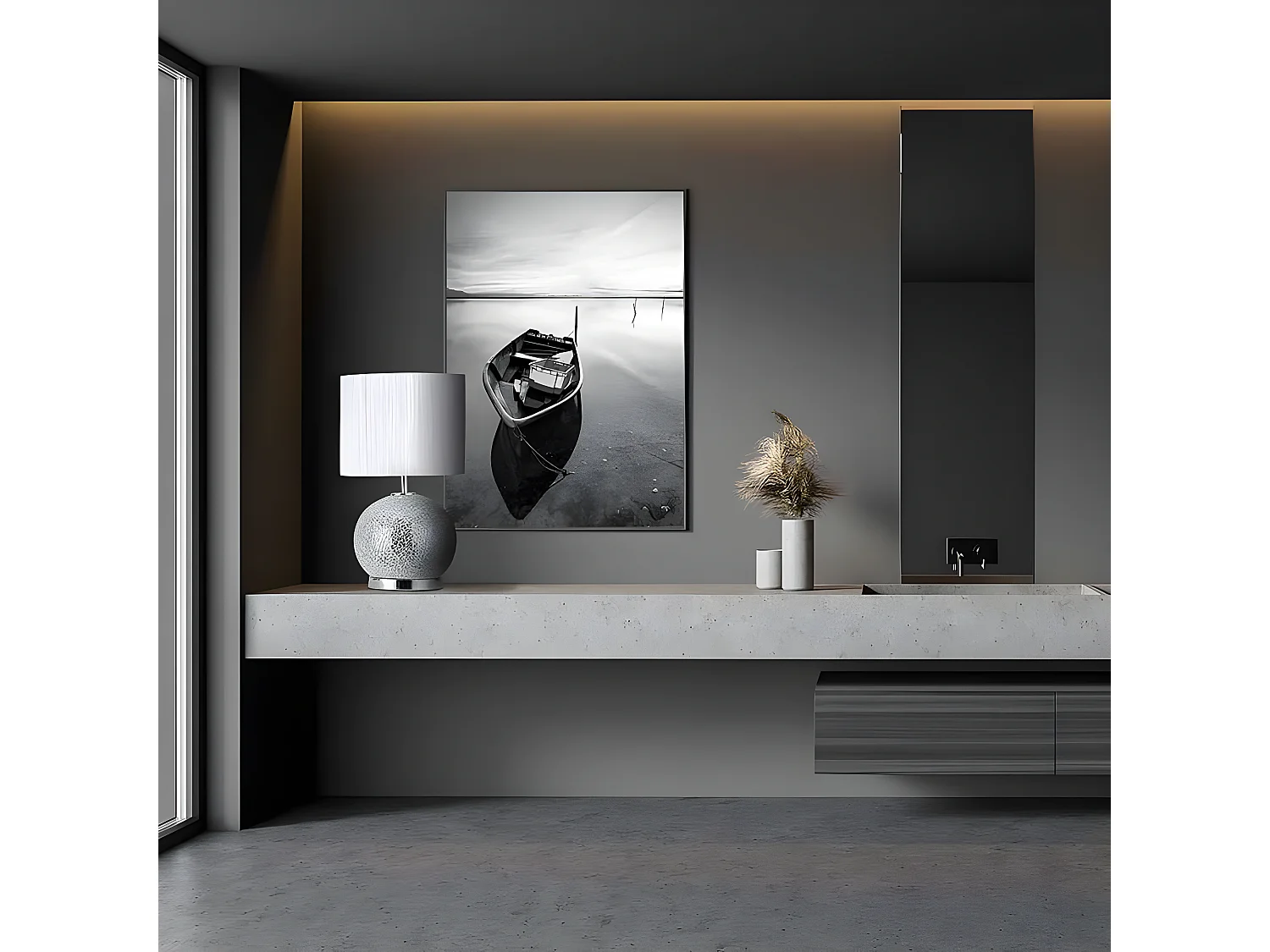 Scrivania con schermo e base con LED SECOYA cromato FABRILAMP