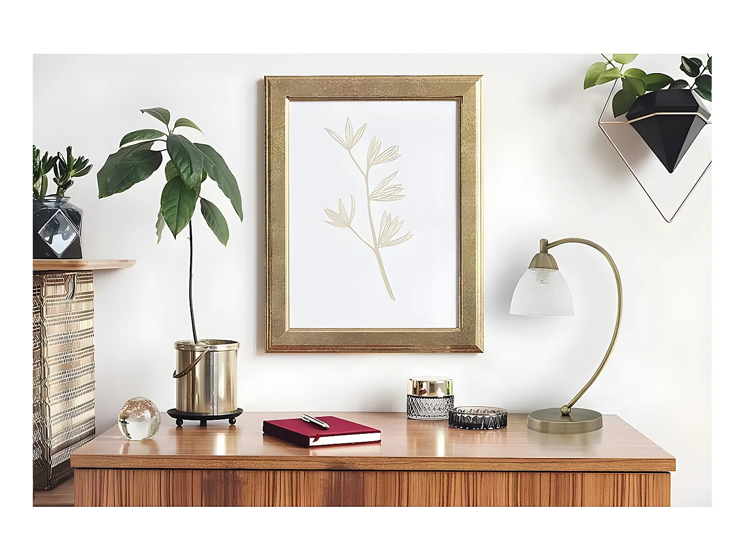 Bureau en cuir satiné JAIPUR avec FABRILAMP tulipe en verre