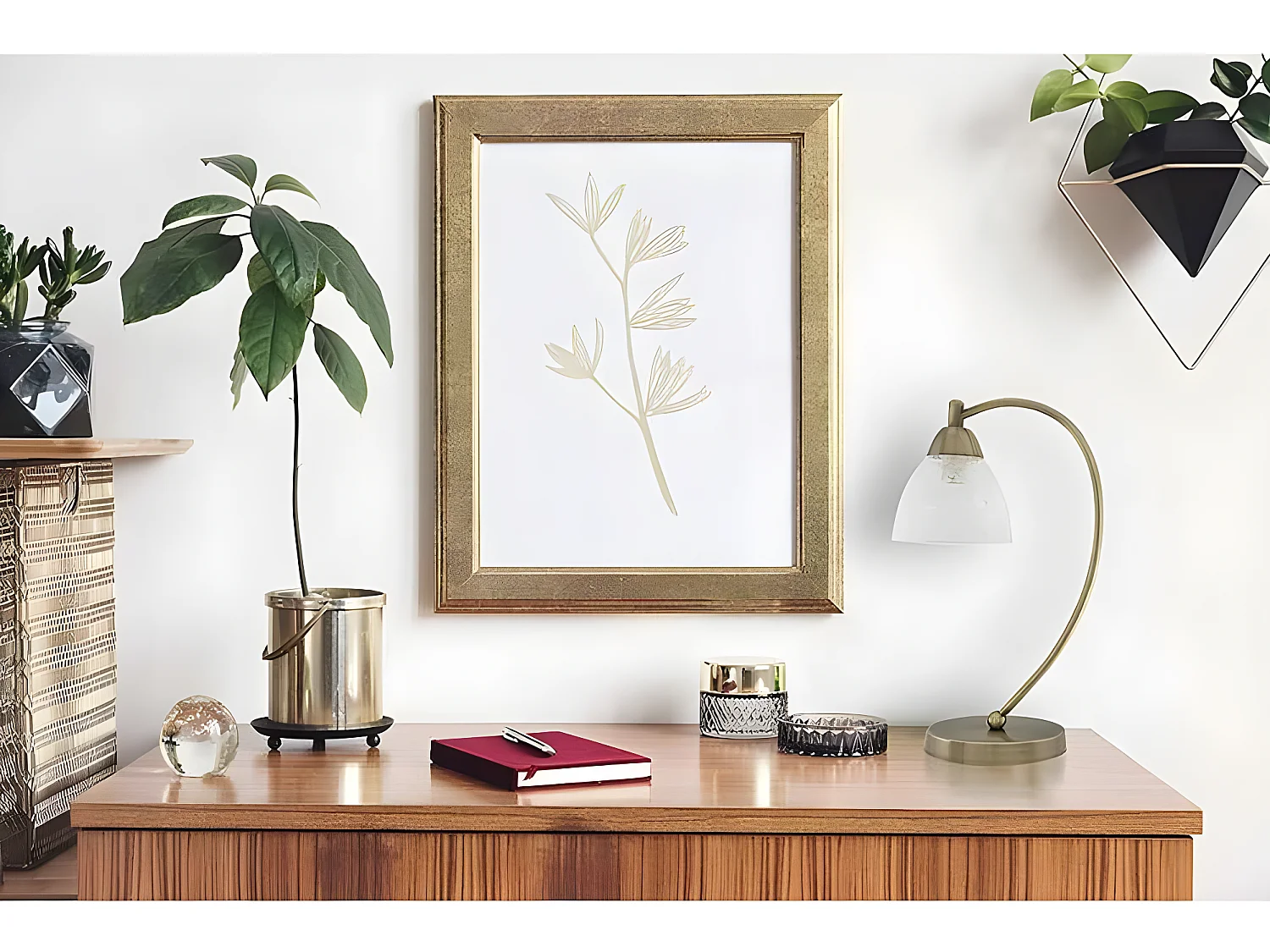 Bureau en cuir satiné JAIPUR avec FABRILAMP tulipe en verre