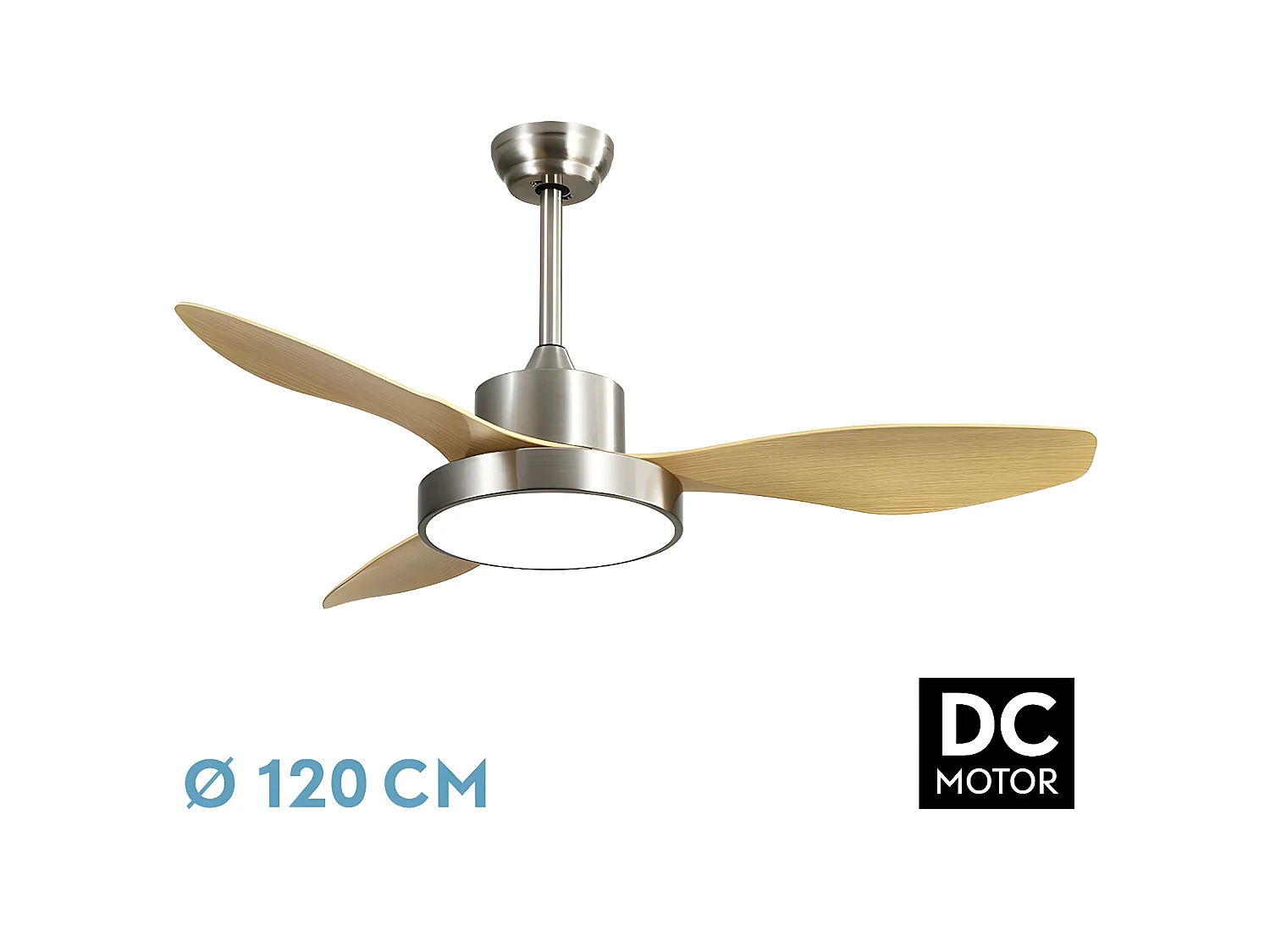 Ventilateur DC HAYATE L hêtre nickel Led mémoire couleur et minuterie Fabrilamp