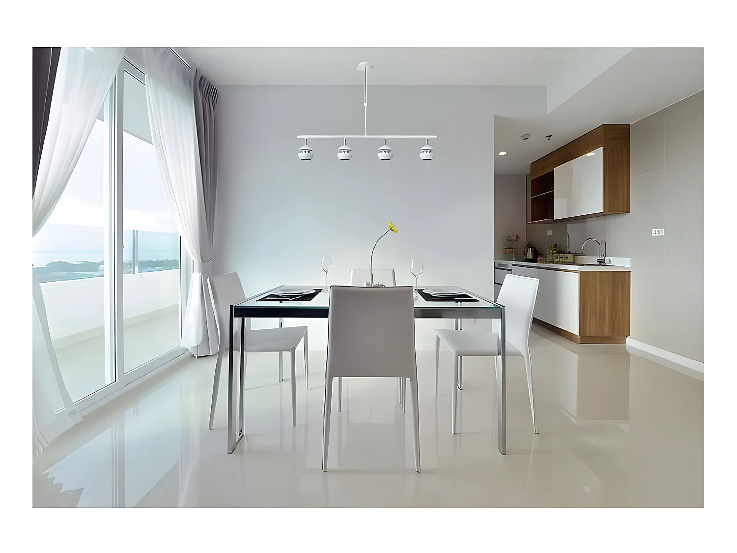 Plafonnier Beethoven linéaire à quatre lumières Blanc/argent FABRILAMP