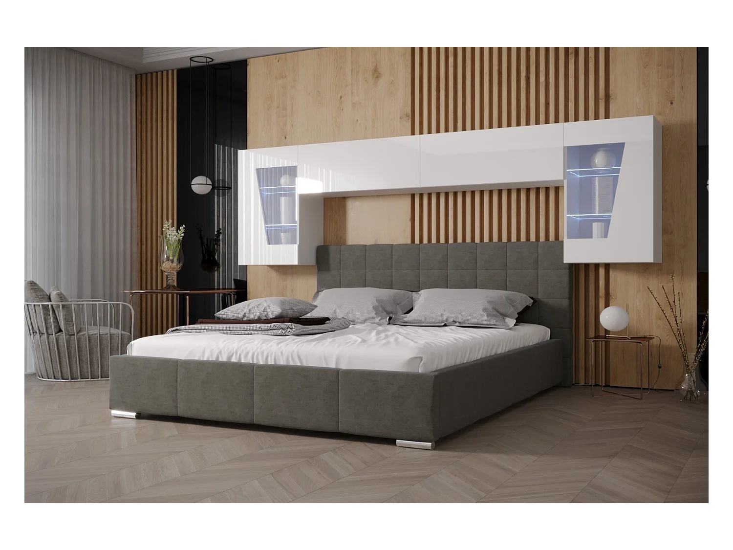 Tête de lit avec rangement Armoire - pont de lit PANAMA 9HG/W/2-1B blanc/blanc brillant 266x91x35cm