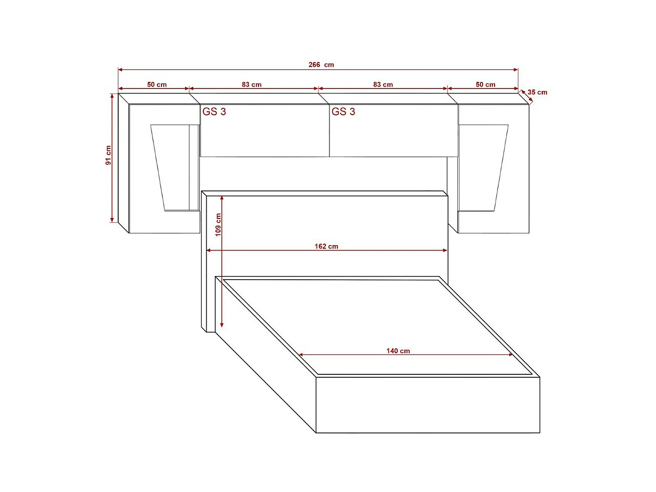 Tête de lit avec rangement Armoire - pont de lit PANAMA 9HG/W/2-1B blanc/blanc brillant 266x91x35cm