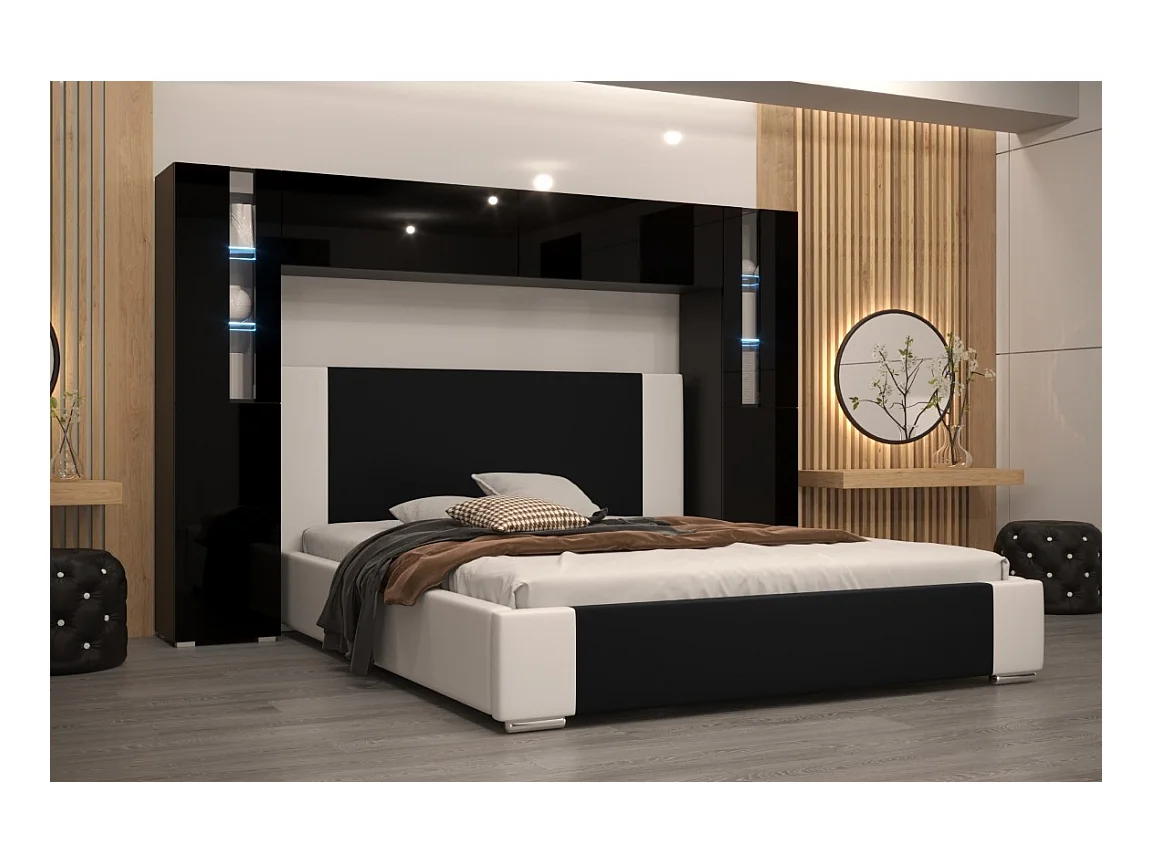 Tête de lit avec rangement Armoire - pont de lit PANAMA 8/21B/HG1-1A noir/noir brillant 256x184x35cm