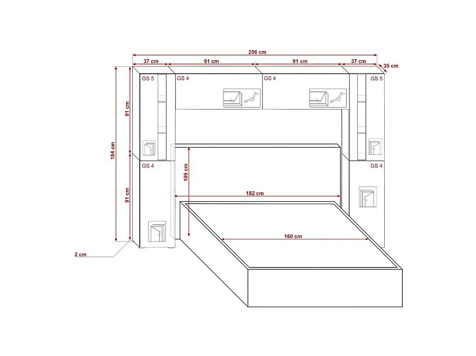 Tête de lit avec rangement Armoire - pont de lit PANAMA 8/21B/HG1-1A noir/noir brillant 256x184x35cm
