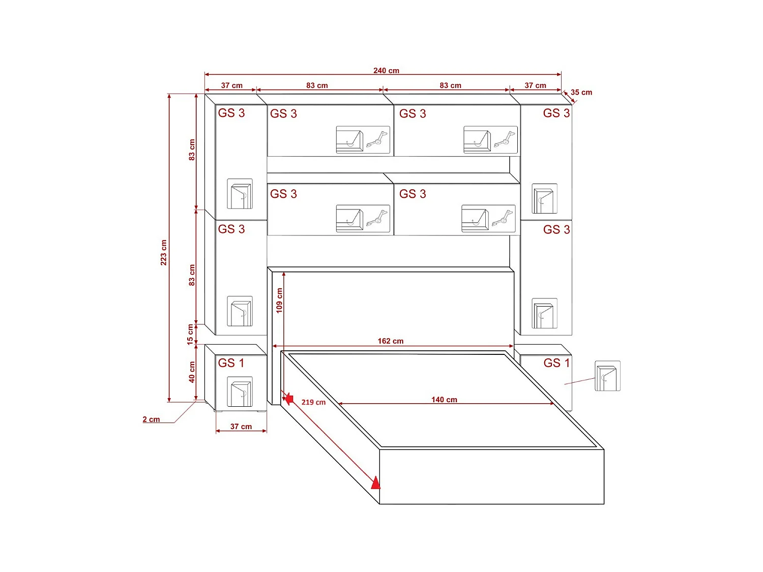 Tête de lit avec rangement Armoire - pont de lit PANAMA 4/HG/B/1-1B noir/noir brillant 240x223x35cm