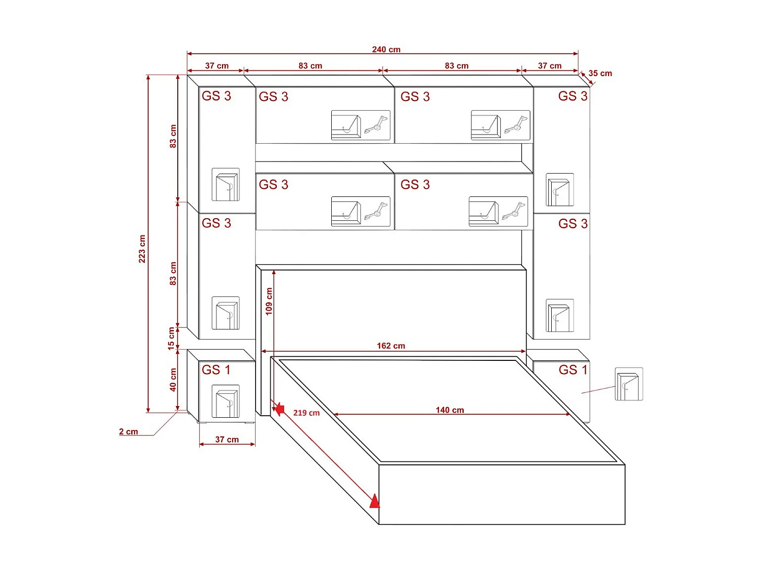 Tête de lit avec rangement Armoire - pont de lit PANAMA 4/HG/B/1-1B noir/noir brillant 240x223x35cm