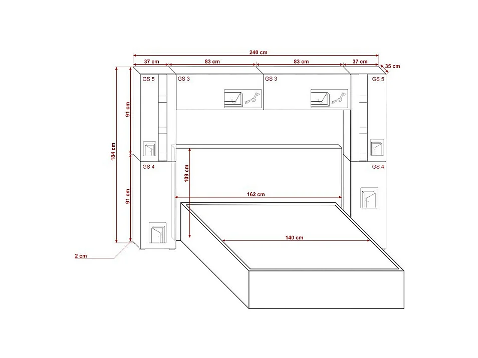 Tête de lit avec rangement Armoire - pont de lit PANAMA 8/21B/HG1-1B noir/noir brillant 240x184x35cm