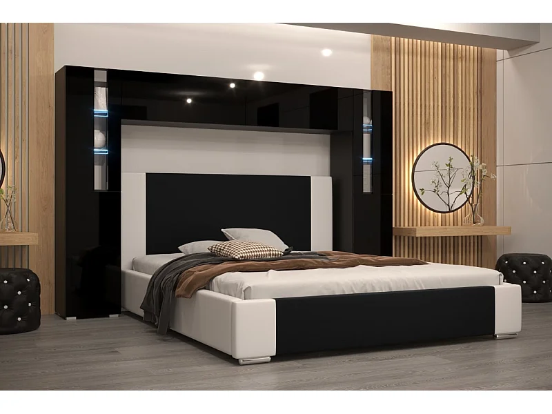 Tête de lit avec rangement Armoire - pont de lit PANAMA 8/21B/HG1-1B noir/noir brillant 240x184x35cm