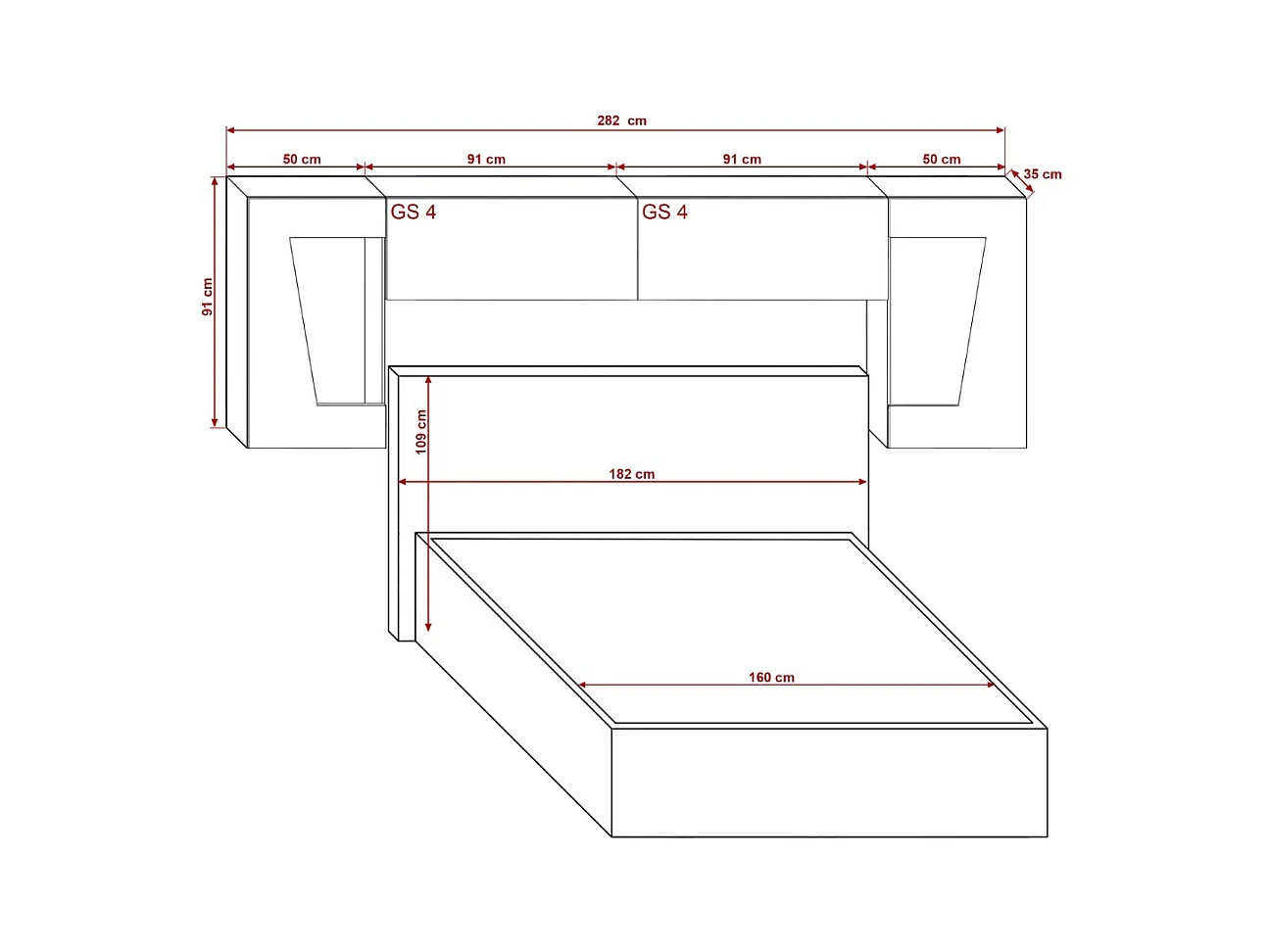 Tête de lit avec rangement Armoire - pont de lit PANAMA 9/HG/W/1-1A blanc/blanc brillant 282x91x35cm
