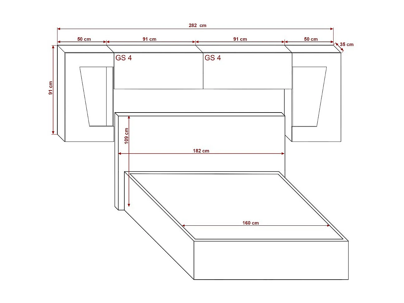 Tête de lit avec rangement Armoire - pont de lit PANAMA 9/HG/W/1-1A blanc/blanc brillant 282x91x35cm