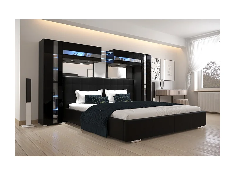 Tête de lit avec rangement Armoire - pont de lit PANAMA 14/HG/B/1-1C noir/noir brillant 290x184x35cm