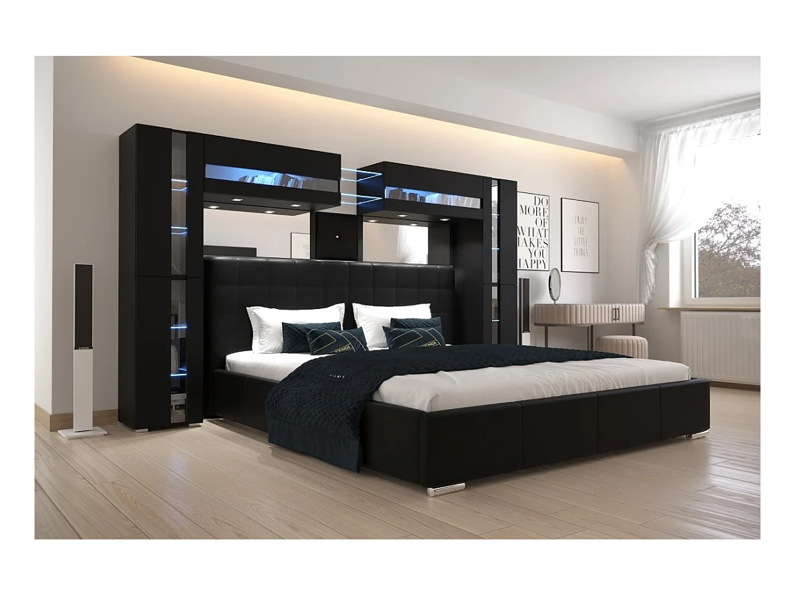Tête de lit avec rangement Armoire - pont de lit PANAMA 14/HG/B/1-1C noir/noir brillant 290x184x35cm
