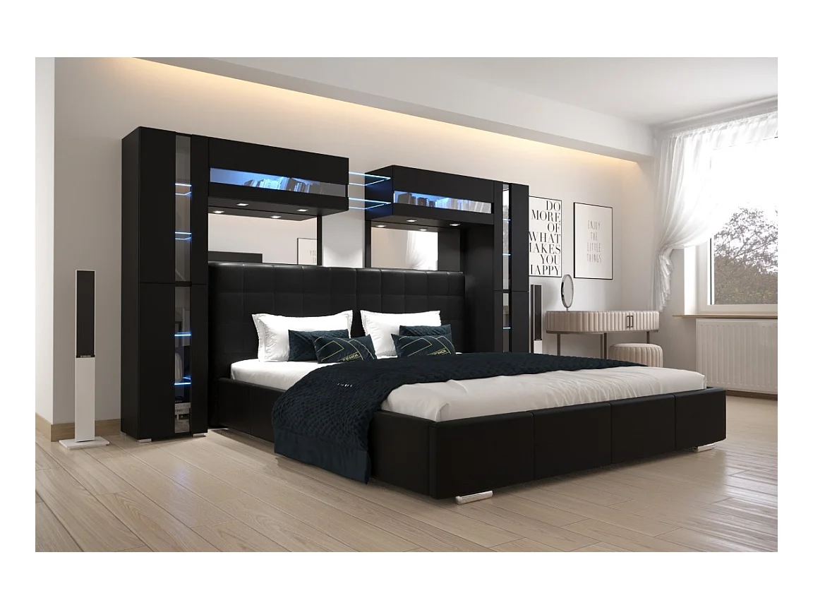 Tête de lit avec rangement Armoire - pont de lit PANAMA 14/HG/B/1-1C noir/noir brillant 290x184x35cm