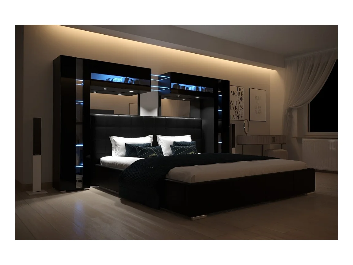 Tête de lit avec rangement Armoire - pont de lit PANAMA 14/HG/B/1-1C noir/noir brillant 290x184x35cm