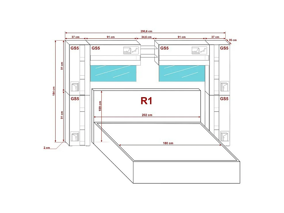 Tête de lit avec rangement Armoire - pont de lit PANAMA 14/HG/B/1-1C noir/noir brillant 290x184x35cm