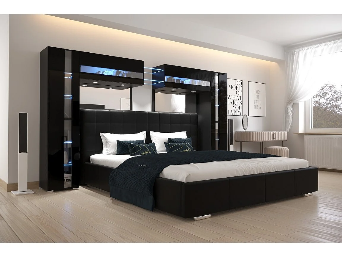 Tête de lit avec rangement Armoire - pont de lit PANAMA 14/HG/B/1-1C noir/noir brillant 290x184x35cm