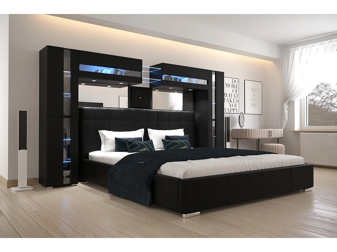 Tête de lit avec rangement Armoire - pont de lit PANAMA 14/HG/B/1-1C noir/noir brillant 290x184x35cm