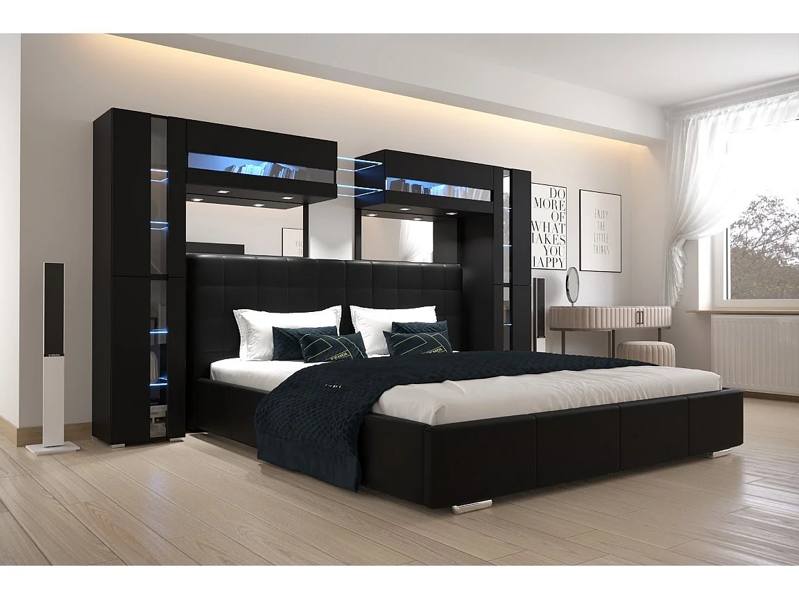 Tête de lit avec rangement Armoire - pont de lit PANAMA 14/HG/B/1-1C noir/noir brillant 290x184x35cm