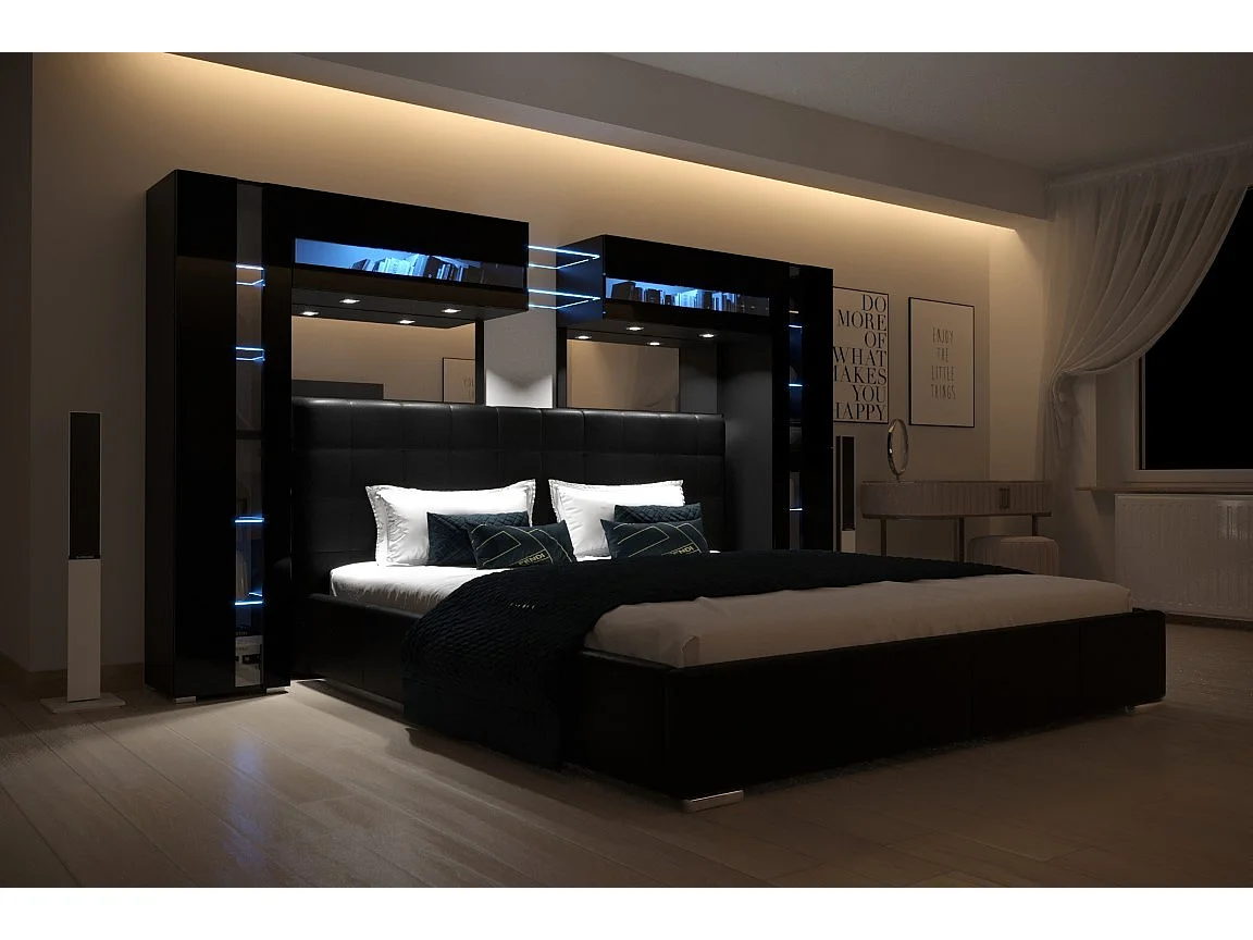 Tête de lit avec rangement Armoire - pont de lit PANAMA 14/HG/B/1-1C noir/noir brillant 290x184x35cm