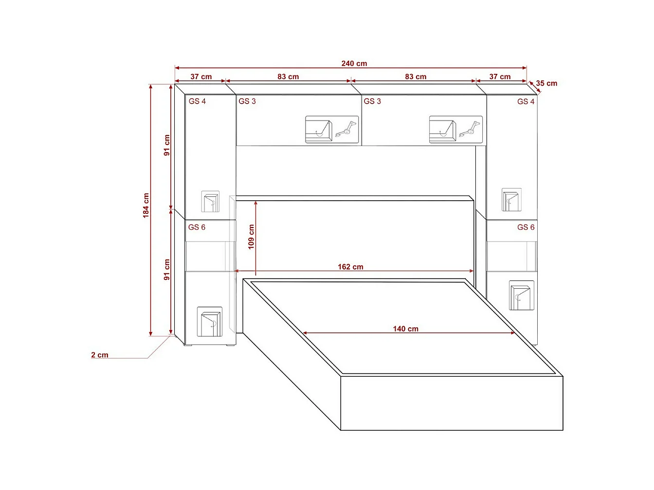 Tête de lit avec rangement Armoire - pont de lit PANAMA 12/HG/B/1-1B noir/noir brillant 240x184x35cm