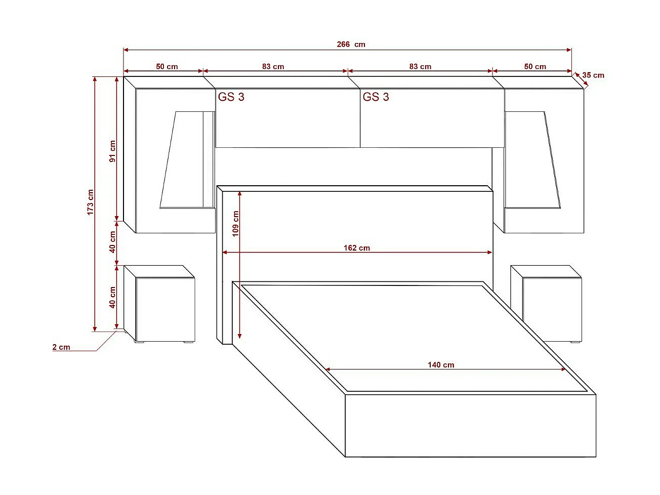 Tête de lit avec rangement Armoire - pont de lit PANAMA 11/HG/W/1-1A blanc/blanc brillant 266x91x35cm