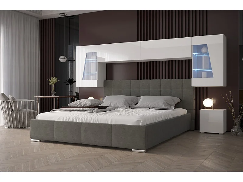 Tête de lit avec rangement Armoire - pont de lit PANAMA 11/HG/W/1-1A blanc/blanc brillant 266x91x35cm