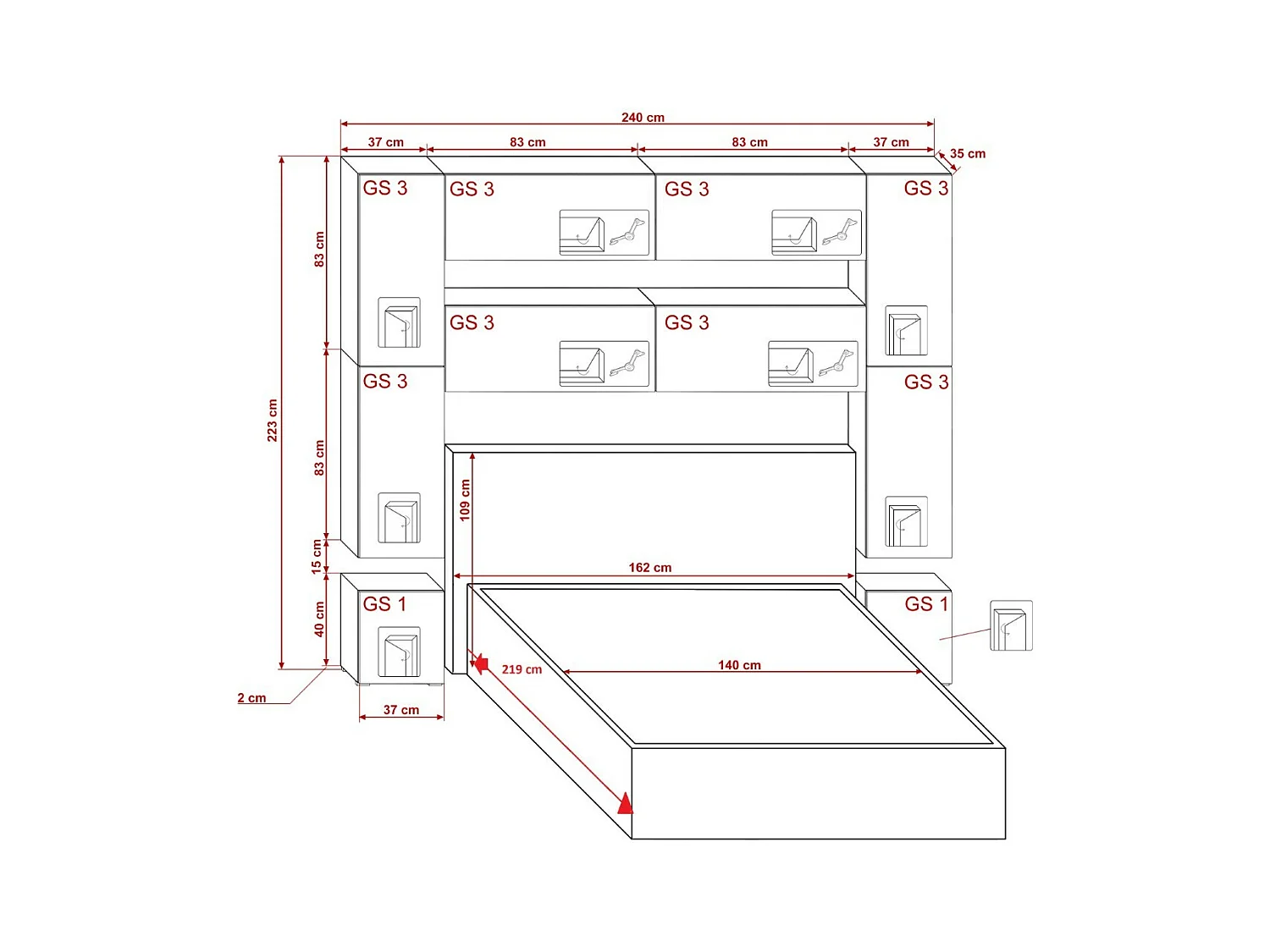 Tête de lit avec rangement Armoire - pont de lit PANAMA 4/M/W/3-1B blanc 240x223x35cm