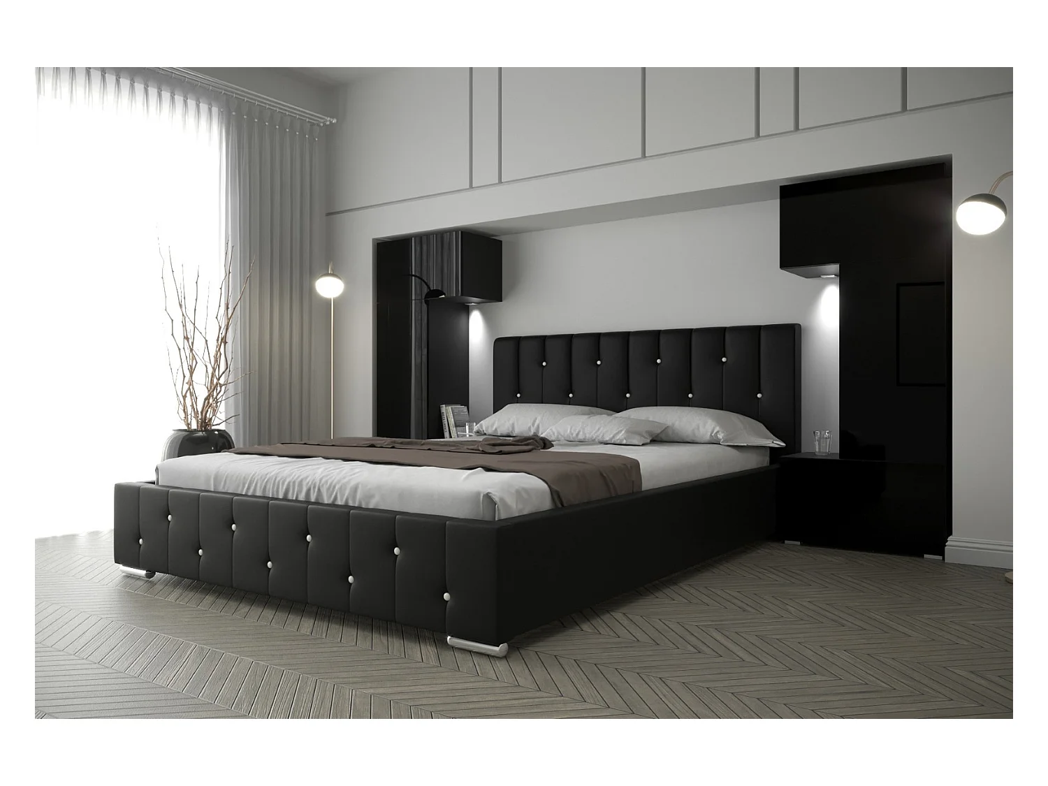 Tête de lit avec rangement Armoire - pont de lit PANAMA 3/21B/HG1 noir/noir brillant 282-322x159x35cm